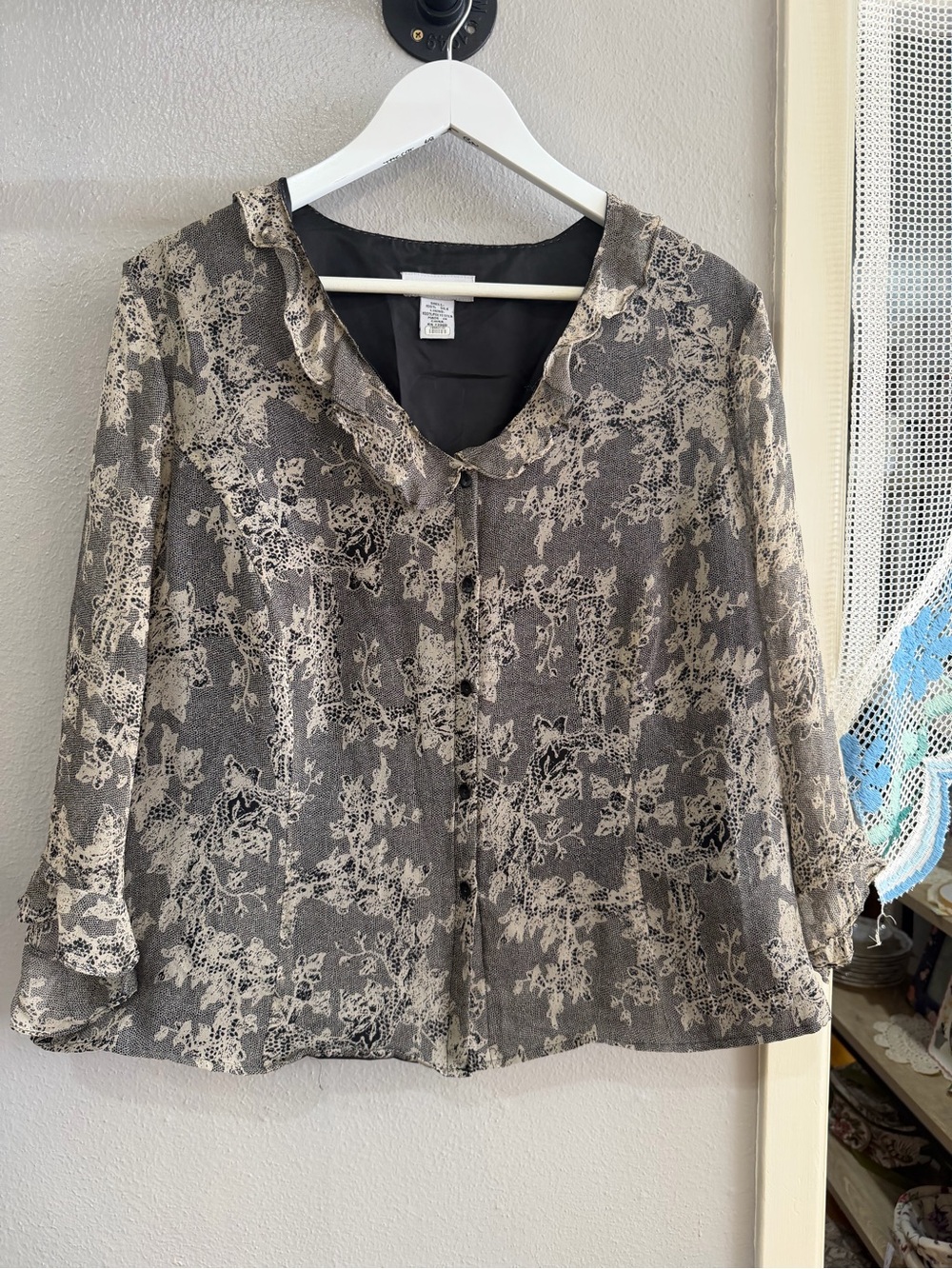 Avenue Black and Cream Sheer Printed Button-Front Blouse